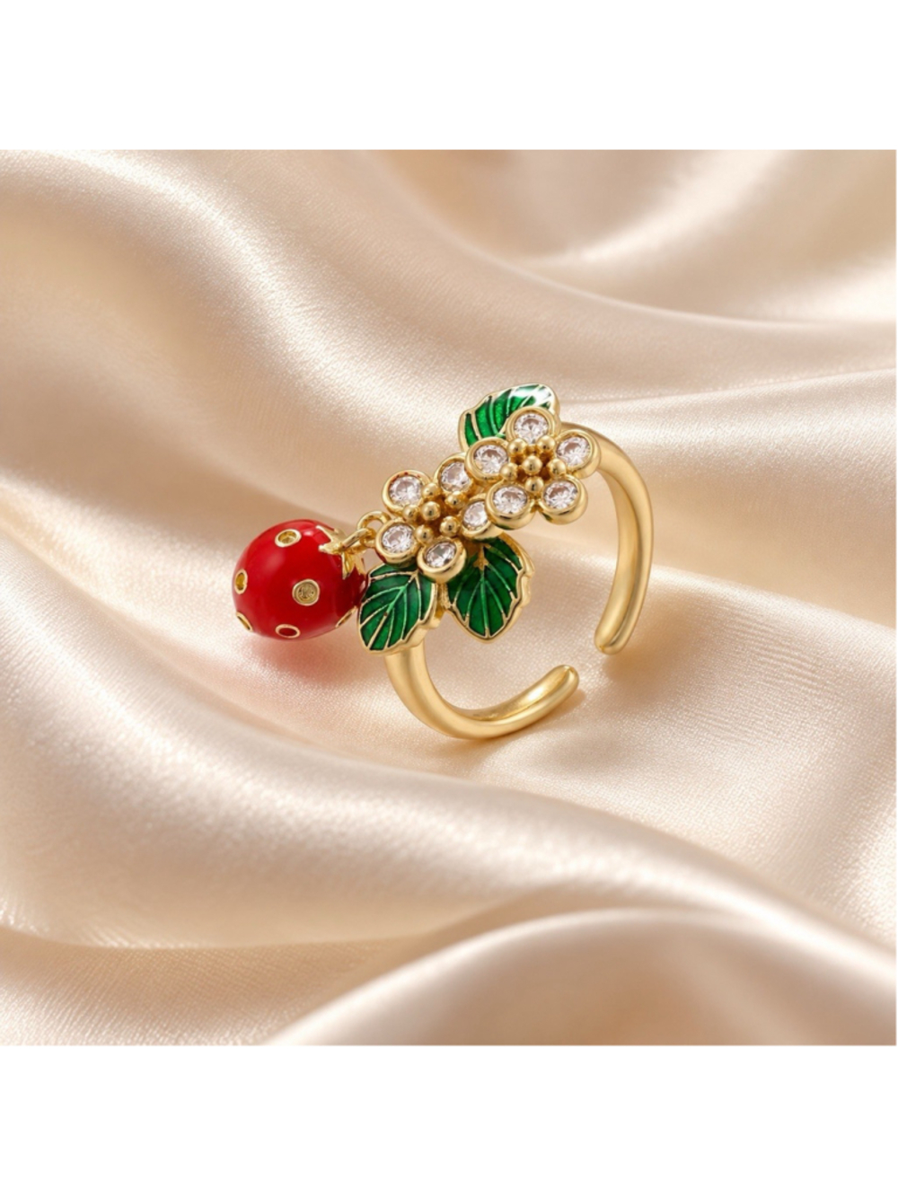 Strawberry Flower Ring Enamel Sz 6 7 CZ Gold Leaf Blossom Leaf Cottagecore VTG